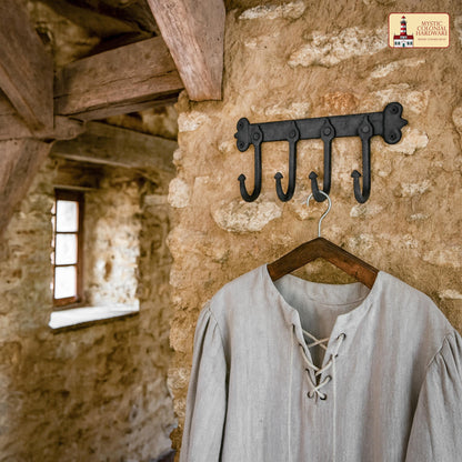 Rustic Hand Forged Iron Wall Hook with Four Hangers: Ideal for Victorian, Colonial, Retro, Steampunk, Gothic, and Baroque Settings (29.2x13.3) cm