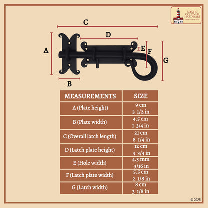 Rustic Hand Forged Door Bolt Lock with Sliding Pin: Ideal for Victorian, Colonial, Retro, Steampunk, Gothic, Baroque, and Medieval Bathroom / Kitchen Settings, 22 cm