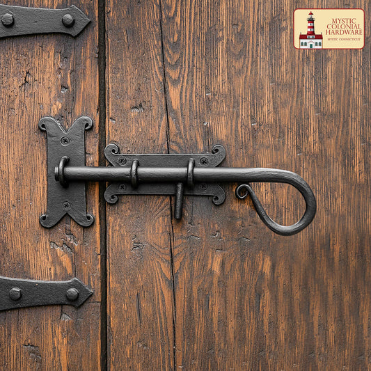 Rustic Hand Forged Door Bolt Lock with Sliding Pin: Ideal for Victorian, Colonial, Retro, Steampunk, Gothic, Baroque, and Medieval Bathroom / Kitchen Settings, 22 cm