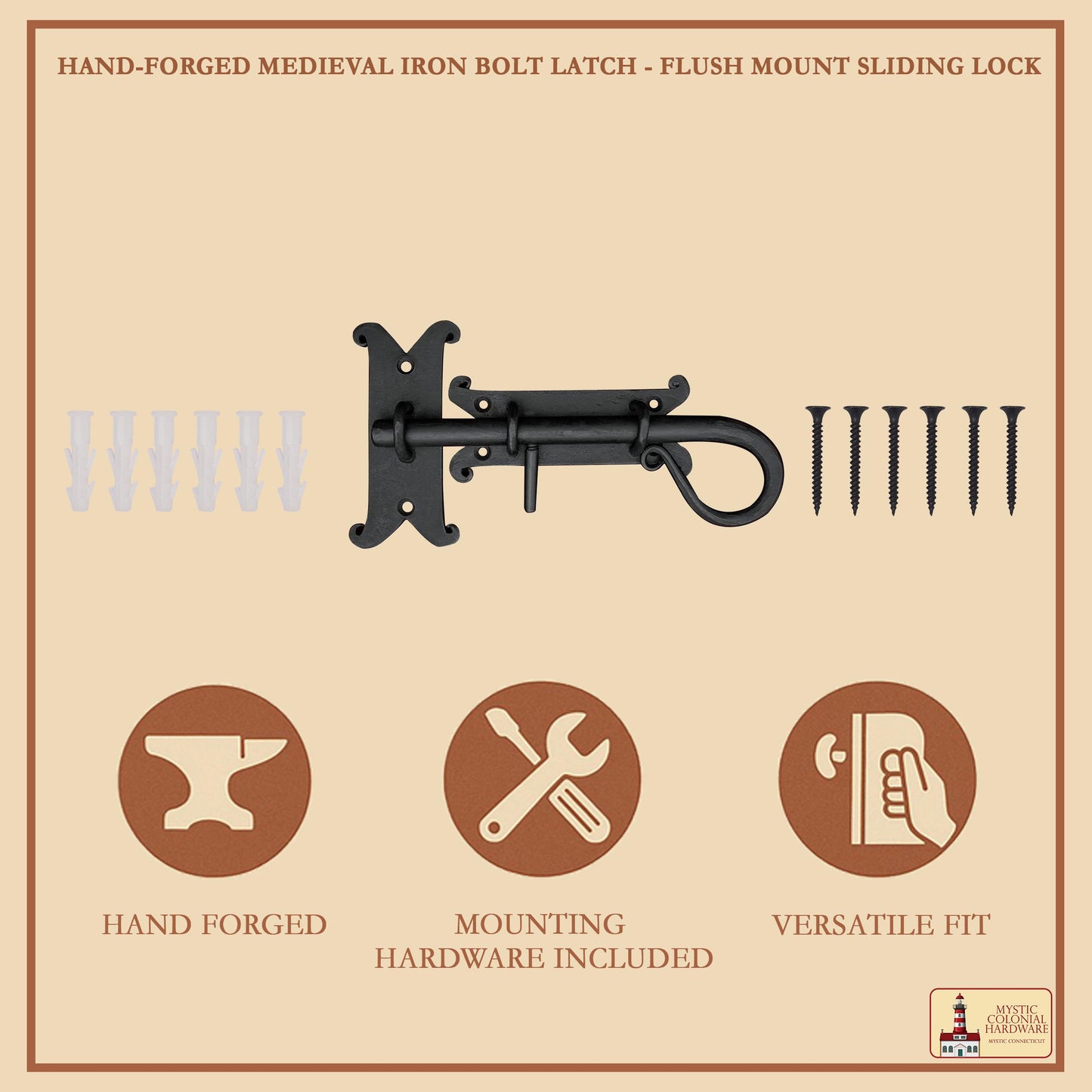 Rustic Hand Forged Door Bolt Lock with Sliding Pin: Ideal for Victorian, Colonial, Retro, Steampunk, Gothic, Baroque, and Medieval Bathroom / Kitchen Settings, 22 cm