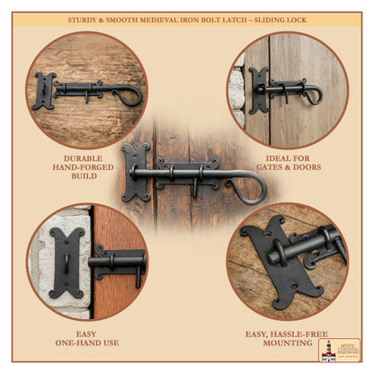 Rustic Hand Forged Door Bolt Lock with Sliding Pin: Ideal for Victorian, Colonial, Retro, Steampunk, Gothic, Baroque, and Medieval Bathroom / Kitchen Settings, 22 cm