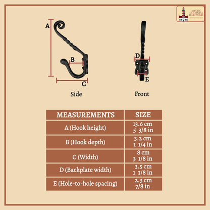 Rustic Hand Forged Iron Wall Hooks Set of 2: Ideal for Victorian, Colonial, Retro, Steampunk, Gothic, and Baroque Settings (11x12) cm