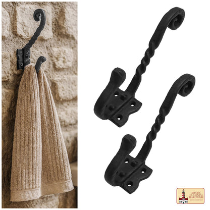 Rustic Hand Forged Iron Wall Hooks Set of 2: Ideal for Victorian, Colonial, Retro, Steampunk, Gothic, and Baroque Settings (11x12) cm