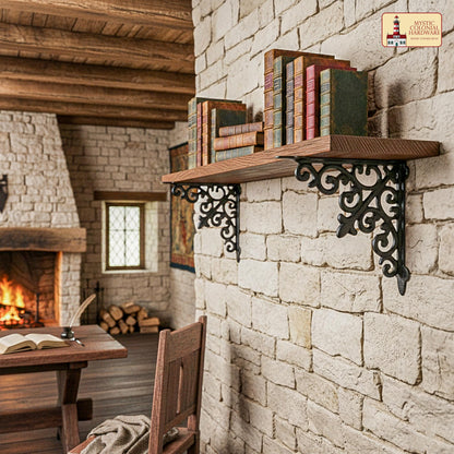 8" X 8", 2 Pack Shelf Brackets - Set of 2 Pcs Solid Forged Iron Victorian, Colonial, Retro, Steampunck, Gothic, Baroque Medieval