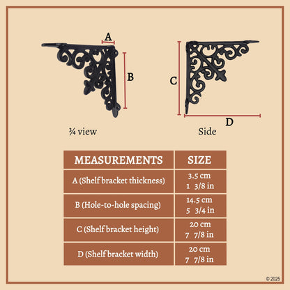 8" X 8", 2 Pack Shelf Brackets - Set of 2 Pcs Solid Forged Iron Victorian, Colonial, Retro, Steampunck, Gothic, Baroque Medieval
