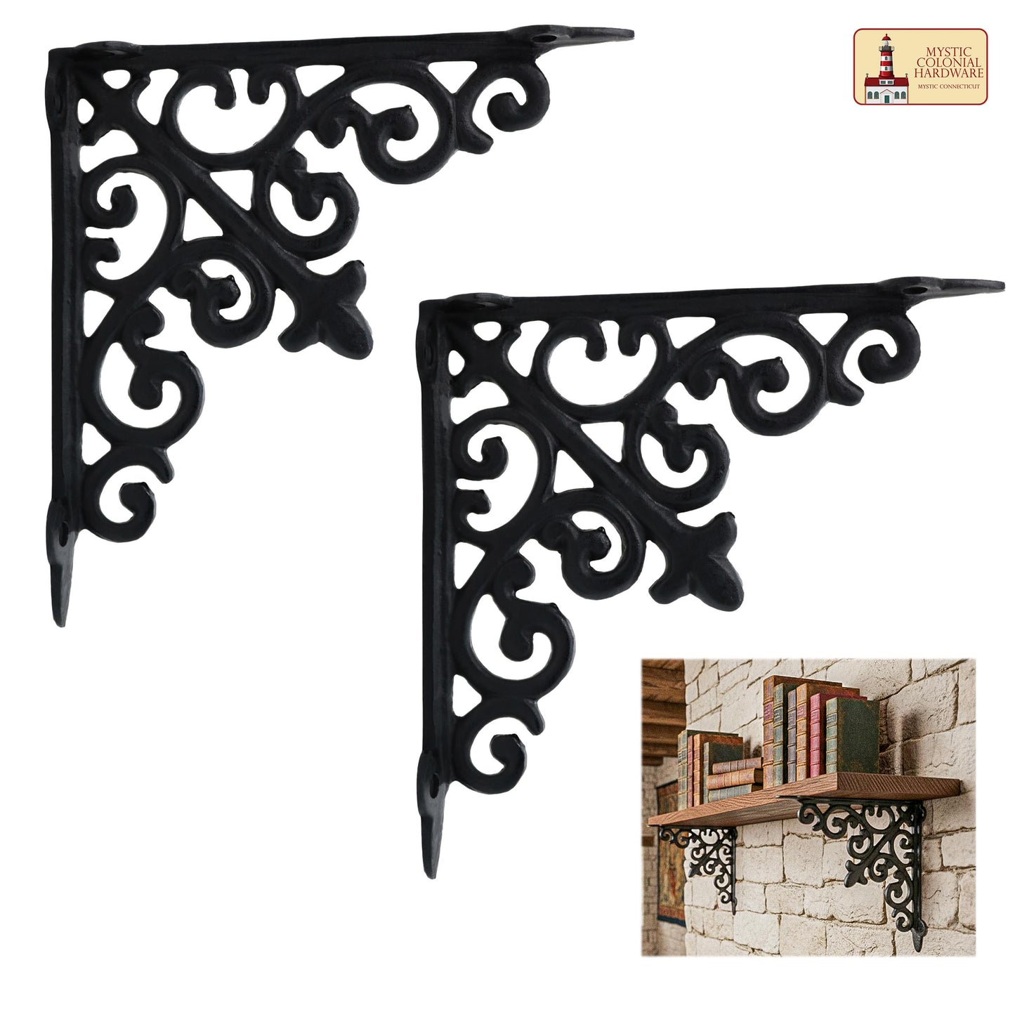 8" X 8", 2 Pack Shelf Brackets - Set of 2 Pcs Solid Forged Iron Victorian, Colonial, Retro, Steampunck, Gothic, Baroque Medieval