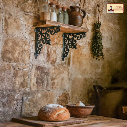 8" X 8", 2 Pack Shelf Brackets - Set of 2 Pcs Solid Forged Iron Victorian, Colonial, Retro, Steampunck, Gothic, Baroque Medieval